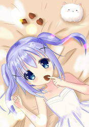 Rule 34 | 1girl, = =, angora rabbit, animal, bare arms, bare shoulders, bed sheet, blue eyes, blue hair, blush, candy, chocolate, chocolate heart, collarbone, commentary request, covering own mouth, dress, eyes visible through hair, food, from above, gochuumon wa usagi desu ka?, hair between eyes, hair ornament, heart, highres, holding, holding chocolate, holding food, kafuu chino, long hair, looking at viewer, lying, on back, rabbit, sidelocks, sleeveless, sleeveless dress, sundress, tareme, tippy (gochiusa), twintails, upper body, x hair ornament, xiaosamiao