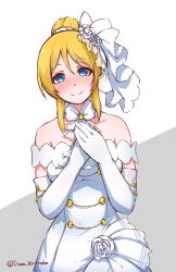 Rule 34 | 1girl, ayase eli, bare shoulders, blonde hair, blue eyes, blush, closed mouth, detached collar, disco brando, dress, elbow gloves, flower, gloves, hair between eyes, hair bun, hair ornament, hands on own chest, head tilt, highres, looking at viewer, love live!, love live! school idol festival, love live! school idol project, medium hair, own hands together, rose, simple background, single hair bun, smile, solo, twitter username, upper body, wedding dress, white background, white dress, white flower, white gloves, white rose