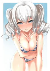 Rule 34 | 1girl, bikini, blue background, blue eyes, blush, breasts, cleavage, cowboy shot, gradient background, kantai collection, kashima (kancolle), leaning forward, looking at viewer, medium breasts, parted lips, sidelocks, silver hair, smile, solo, standing, striped bikini, striped clothes, swimsuit, takase muh, thigh gap, tsurime, twintails, wavy hair, wet, white background