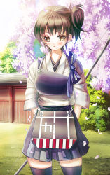 Rule 34 | 10s, 1girl, archery, architecture, bad id, bad pixiv id, black thighhighs, blush, bow (weapon), breasts, brown eyes, brown hair, building, cherry blossoms, east asian architecture, japanese clothes, kaga (kancolle), kantai collection, kyuudou, moriouka, muneate, open mouth, personification, petals, short hair, side ponytail, skirt, solo, thighhighs, tree, weapon