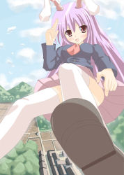 Rule 34 | 1girl, animal ears, breasts, rabbit ears, female focus, flying, forest, liya, long hair, nature, outdoors, plant, purple hair, reisen udongein inaba, skirt, sky, solo, thighhighs, touhou
