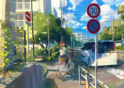Rule 34 | 1girl, atelier umiyury, bag, bicycle, bicycle basket, blue sailor collar, blue sky, brown hair, building, car, cloud, commentary, day, fence, highres, motor vehicle, original, outdoors, plant, pleated skirt, power lines, pushing bicycle, road, road sign, sailor collar, scenery, school uniform, serafuku, shirt, short sleeves, sign, signature, skirt, sky, solo, stop sign, street, tree, utility pole, white shirt, wind