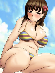 Rule 34 | 1girl, bare arms, bare legs, bare shoulders, bikini, blue sky, blunt bangs, blush, breasts, brown eyes, brown hair, closed mouth, collarbone, day, diisuke, flower, hair flower, hair ornament, highres, large breasts, long hair, looking at viewer, morishita koma, multicolored bikini, multicolored clothes, navel, plump, sket dance, skindentation, sky, solo, squatting, stomach, striped bikini, striped clothes, sweat, swimsuit, tearing up, thighs, underboob