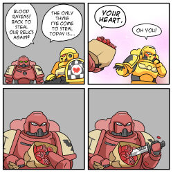 Rule 34 | 2boys, 4koma, adeptus astartes, armor, blood ravens, blush, bouquet, combat knife, comic, english text, flower, highres, holding, holding bouquet, holding knife, knife, mick19988, multiple boys, power armor, primaris space marine, red flower, red rose, rose, speech bubble, too literal, valentine, warhammer 40k, weapon