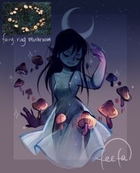 Rule 34 | black hair, blue skin, closed eyes, colored skin, commentary, crescent moon, english commentary, feefal, gradient background, gradient skin, hand up, highres, light smile, long hair, moon, mushroom, mushroom girl, original, personification, pointy ears, see-through, see-through skirt, signature, skirt, star (symbol), starry background