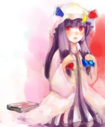 Rule 34 | 1girl, absurdres, bad id, bad pixiv id, dress, female focus, hair ribbon, hat, highres, kneeling, lips, long hair, maccha cocoa, maccha cocoa (mococo), patchouli knowledge, purple hair, ribbon, solo, striped dress, touhou, vertical-striped clothes, vertical-striped dress