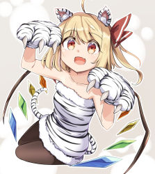 Rule 34 | 1girl, ahoge, alternate costume, animal ear fluff, animal ears, animal print, bare arms, black pantyhose, blonde hair, bow, chinese zodiac, collarbone, commentary request, dress, fang, flandre scarlet, fur-trimmed dress, fur trim, hair bow, hands up, kemonomimi mode, looking at viewer, moja (moja4192), new year, no headwear, no headwear, one side up, open mouth, orange eyes, pantyhose, paw pose, reclining, red bow, short dress, short hair, skin fang, smile, solo, strapless, strapless dress, tail, tiger ears, tiger print, tiger stripes, tiger tail, touhou, white dress, wings, year of the tiger