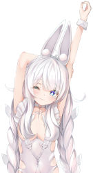 Rule 34 | + +, 1girl, ;t, absurdres, ahoge, animal ear fluff, animal ears, arm behind head, arms up, azur lane, blue eyes, blush, braid, breasts, choker, cleavage, closed mouth, collarbone, fake animal ears, highres, le malin (azur lane), le malin (listless lapin) (azur lane), leotard, long hair, looking at viewer, medium breasts, micchamu, o-ring, o-ring choker, one eye closed, rabbit ears, skindentation, solo, stretching, tears, twin braids, upper body, very long hair, wavy mouth, white choker, white leotard, wrist cuffs