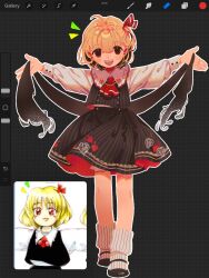Rule 34 | 1girl, ascot, black dress, dress, highres, k0nfette, kneehighs, mary janes, open mouth, red ascot, rumia, shirt, shoes, smile, socks, solo, touhou, user interface, white shirt, white socks