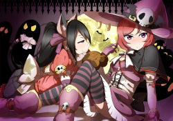 Rule 34 | 2girls, :3, animal ears, animal hands, bat (animal), bat wings, black hair, boots, bow, capelet, cat ears, cat tail, cosplay, elbow gloves, ghost, gloves, hair bow, twirling hair, half-closed eyes, halloween, hat, highres, looking at another, looking at viewer, love live!, love live! school idol project, lying, multiple girls, nishikino maki, on stomach, paw gloves, puffy short sleeves, puffy sleeves, purple eyes, red hair, ribbon, shiimai, short sleeves, sitting, skirt, skull, striped clothes, striped legwear, striped thighhighs, tail, tail bow, tail ornament, thighhighs, twintails, wings, witch hat, yazawa nico