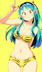 Rule 34 | 1girl, absurdres, animal print, aono3, arm behind back, bare shoulders, bikini, breasts, cleavage, closed mouth, cone horns, cowboy shot, fur bikini, green hair, highres, horns, long hair, looking at viewer, lum, medium breasts, navel, oni, orange eyes, pointy ears, simple background, smile, solo, standing, strapless, strapless bikini, swimsuit, tiger print, urusei yatsura, yellow background, yellow bikini
