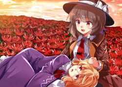Rule 34 | 2girls, :d, :o, black hat, blonde hair, blush, bow, brown eyes, brown hair, brown jacket, dress, e.o., eyebrows, field, flower, flower field, frilled shirt collar, frilled sleeves, frills, hair between eyes, hair bow, hair ribbon, hand on another&#039;s head, hat, hat bow, hat ribbon, headpat, jacket, lap pillow, long sleeves, lying, lying on lap, maribel hearn, multiple girls, necktie, on side, open mouth, orange sky, pin, purple dress, purple eyes, red necktie, ribbon, shirt, sky, smile, spider lily, tie clip, touhou, tress ribbon, usami renko, white bow, white ribbon, white shirt, wide sleeves