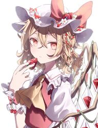 Rule 34 | 1girl, absurdres, ascot, blonde hair, closed mouth, crystal wings, flandre scarlet, flower, food, frills, from side, fruit, gagaku kawa rei, hair flower, hair ornament, hat, hat ribbon, highres, looking at viewer, medium hair, mob cap, puffy short sleeves, puffy sleeves, red eyes, red nails, red ribbon, ribbon, short sleeves, side ponytail, simple background, solo, strawberry, touhou, upper body, white background, yellow ascot