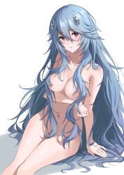 1girl absurdres alternate_hair_length alternate_hairstyle arm_across_waist awesome_crane ayanami_rei bare_legs bare_shoulders blue_hair blush breasts collarbone completely_nude convenient_censoring covered_erect_nipples evangelion:_3.0+1.0_thrice_upon_a_time feet_out_of_frame hair_between_eyes hair_censor head_tilt highres large_breasts leaning_to_the_side lips long_hair navel neon_genesis_evangelion nude plugsuit rebuild_of_evangelion red_eyes simple_background sitting solo thighs very_long_hair wavy_hair white_background