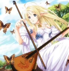 Rule 34 | 1girl, blonde hair, blue eyes, bow (music), bug, butterfly, dress, eiwa, elf, bug, instrument, jewelry, long hair, nail polish, necklace, pink nails, pointy ears, ring, smile, solo
