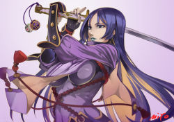Rule 34 | 1girl, artist name, blue lips, bodysuit, breasts, commentary request, eyebrows, eyelashes, fate/grand order, fate (series), fingerless gloves, forehead, gloves, gold trim, gradient background, hands up, holding, holding sword, holding weapon, katana, large breasts, long sleeves, looking ahead, minamoto no raikou (fate), miyo (13th floor), nail polish, parted lips, pointy nose, puffy long sleeves, puffy sleeves, purple bodysuit, purple eyes, purple hair, purple nails, rope, simple background, solo, sword, tassel, upper body, v-shaped eyebrows, weapon