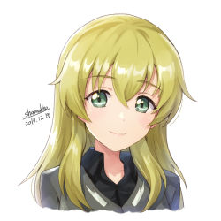 Rule 34 | 10s, 1girl, anzio military uniform, artist name, black shirt, blonde hair, carpaccio (girls und panzer), closed mouth, dated, dress shirt, girls und panzer, green eyes, grey jacket, jacket, long hair, looking at viewer, military, military uniform, portrait, shamakho, shirt, signature, simple background, smile, solo, uniform, white background, wing collar