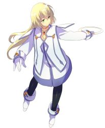 Rule 34 | 1girl, blonde hair, blue eyes, choker, closed mouth, colette brunel, dress, echo (circa), full body, gloves, jewelry, long hair, pantyhose, simple background, smile, solo, tales of (series), tales of symphonia, white background, white gloves