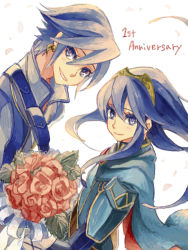 Rule 34 | 1boy, 1girl, alternate eye color, anniversary, blue eyes, blue hair, bouquet, brother and sister, cape, dutch angle, earrings, english text, fire emblem, fire emblem awakening, flower, grin, hair between eyes, holding, inigo (fire emblem), jewelry, leaf, long hair, looking at viewer, lucina (fire emblem), nintendo, petals, red flower, red rose, rose, shiki (shikki46), short hair, siblings, smile, symbol-shaped pupils, tiara