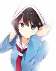 Rule 34 | 10s, 1girl, alternate costume, bad id, bad pixiv id, black hair, blue eyes, blush, hair between eyes, hair ornament, hairclip, hands on own head, hands up, hood, hoodie, kantai collection, long sleeves, looking at viewer, parted lips, school uniform, serafuku, shigure (kancolle), simple background, solo, swept bangs, white background, yukichi (eikichi)