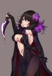 Rule 34 | 10s, 1girl, armpits, bba1985, black cape, black gloves, black hair, black pantyhose, blood, bloody weapon, blunt bangs, blush, braid, breasts, bridal gauntlets, cape, center opening, cleavage, cloak, covered erect nipples, dagger, elbow gloves, elsa granhilte, evil smile, eyebrows, fingerless gloves, gloves, hand on own cheek, hand on own face, highres, holding, holding weapon, knife, large breasts, long hair, looking at viewer, navel, pantyhose, parted lips, pink lips, purple eyes, re:zero kara hajimeru isekai seikatsu, revision, sideboob, single braid, smile, solo, stomach, teeth, two-sided cloak, two-sided fabric, very long hair, weapon