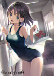Rule 34 | 1girl, :d, bare legs, bare shoulders, black hair, black one-piece swimsuit, blue eyes, blue one-piece swimsuit, bow, breasts, chair, cleavage, collarbone, commentary request, covered navel, cowboy shot, desk, hands up, indoors, koutaro, leaning forward, long sleeves, looking at viewer, medium breasts, off shoulder, old school swimsuit, one-piece swimsuit, open clothes, open mouth, open shirt, original, red bow, school chair, school desk, school swimsuit, shirt, smile, solo, standing, swimsuit, swimsuit under clothes, twitter username, white shirt, window