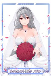 Rule 34 | 1girl, aderi, alternate costume, arknights, bare shoulders, blue border, border, bouquet, breasts, bridal veil, character name, cleavage, collarbone, commentary request, copyright name, cowboy shot, detached sleeves, dress, earrings, flower, french text, hair between eyes, highres, jewelry, large breasts, long hair, long sleeves, looking at viewer, necklace, ornate ring, petals, red eyes, red flower, red rose, ring, rose, rose petals, silver hair, simple background, skadi (arknights), smile, solo, strapless, strapless dress, tiara, translated, veil, wedding dress, wedding ring, white background, white dress