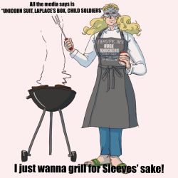 Rule 34 | 1boy, apron, blonde hair, breasts, can, clothes writing, cooking, english text, full frontal, grill, grilling, gundam, gundam unicorn, hamburger patty, highres, i just wanna grill for god&#039;s sake (meme), long hair, looking at viewer, mask, meme, meme attire, pink background, sandals, simple background, smirk, smoke, solo, standing