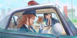 Rule 34 | 2girls, absurdres, bag, black necktie, blue shirt, breasts, brown hair, car, ddal, detached collar, driving, female service cap, gloves, gun, hat, highres, holding, holding bag, lamppost, large breasts, leaning forward, long hair, looking at another, motor vehicle, multiple girls, necktie, one eye closed, open window, original, police, police car, police hat, police uniform, policewoman, shirt, short hair, sitting, star-shaped pupils, star (symbol), symbol-shaped pupils, thumbs up, uniform, walkie-talkie, wcdonald&#039;s, weapon, white gloves, window