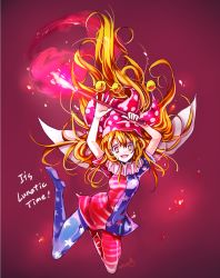 Rule 34 | 1girl, american flag dress, american flag legwear, arms up, bad id, bad pixiv id, blonde hair, clownpiece, dress, english text, fairy wings, fire, full body, hat, jester cap, long hair, neck ruff, pantyhose, polka dot, red eyes, short dress, short sleeves, simple background, smile, solo, star (symbol), star print, striped clothes, striped pantyhose, torch, touhou, wings, yukimiya (parupunta)