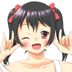 Rule 34 | 1girl, ;), artist name, artist request, bare shoulders, black hair, blush, bow, breasts, close-up, collarbone, double m/, female focus, hair between eyes, hair bow, highres, long hair, looking at viewer, love live!, love live! school idol project, nico nico nii, one eye closed, parted lips, red bow, red eyes, shirt, short hair, short twintails, smile, solo, twintails, upper body, white background, white shirt, wink, yazawa nico