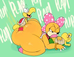 Rule 34 | 1girl, 2boys, angry, ass, ass grab, blush, breast press, breasts, closed eyes, doggystyle, english text, fellatio, grabbing, grabbing another&#039;s ass, grabbing from behind, height difference, highres, huge ass, huge penis, koopa, koopa troopa, lying, mario (series), mb ota, medium breasts, monster, multiple boys, nintendo, open mouth, oral, penis, sex, sex from behind, simple background, size difference, smile, super mario bros. 1, super mario bros. 3, veins, veiny penis, wendy o. koopa