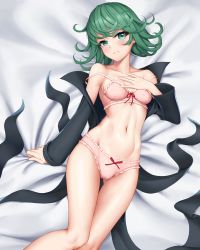 Rule 34 | 1girl, bed sheet, black dress, blush, bow, bow bra, bow panties, bra, breasts, collarbone, collared dress, commentary, curly hair, dress, feet out of frame, flipped hair, frilled bra, frilled panties, frills, gluteal fold, green eyes, green hair, hand on own chest, highres, long sleeves, looking at viewer, lying, matching hair/eyes, navel, on back, on bed, one-punch man, open clothes, open dress, panties, pink bra, pink panties, rotix, sheet grab, short hair, small breasts, solo, strap slip, tatsumaki, thighs, underwear