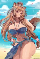 Rule 34 | 1girl, animal ears, arachnart, beach, blush, breasts, closed mouth, cloud, cloudy sky, highres, large breasts, long hair, raccoon ears, raccoon tail, raphtalia, red eyes, sand, sky, smile, swimsuit, tagme, tail, tate no yuusha no nariagari, tattoo, water