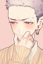 Rule 34 | 1boy, asaku1515, blush, brown jacket, closed mouth, collared shirt, earrings, eyebrow cut, hand up, highres, jacket, jewelry, long sleeves, looking away, male focus, mitsuya takashi, pink background, purple eyes, purple hair, shirt, short hair, simple background, single earring, sleeves past wrists, solo, tokyo revengers, white shirt