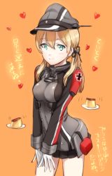 Rule 34 | 10s, 1girl, anchor hair ornament, bad id, bad pixiv id, blonde hair, blue eyes, cross, food, gloves, hair ornament, hat, heart, iron cross, kantai collection, long sleeves, looking at viewer, low twintails, microskirt, military, military hat, military uniform, nonomori, own hands together, peaked cap, prinz eugen (kancolle), pudding, skirt, smile, solo, twintails, uniform, white gloves