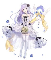 Rule 34 | 1girl, ahoge, azur lane, bare shoulders, black bow, black flower, black rose, blue flower, blue rose, blush, bouquet, bow, breasts, bridal veil, choker, dress, floral print, flower, frilled dress, frills, full body, hair between eyes, hair flower, hair ornament, high heels, holding, holding bouquet, kim eb, long hair, looking at viewer, open mouth, petals, purple eyes, ribbon, rose, shoes, silver hair, simple background, sleeveless, solo, thighhighs, tiara, unicorn, unicorn (azur lane), veil, very long hair, wedding, wedding dress, white background, white dress, white flower, white footwear, white rose, white thighhighs, white wings, wings