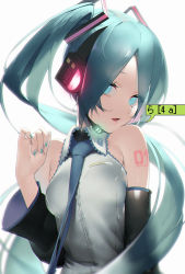 Rule 34 | 1girl, aqua eyes, aqua hair, aqua nails, arm at side, armpit crease, backlighting, bad id, bad pixiv id, bare shoulders, black sleeves, blue necktie, blurry, breasts, character name, chromatic aberration, clenched hand, collared shirt, depth of field, detached sleeves, expressionless, eyelashes, eyes visible through hair, fingernails, glowing, glowing headgear, hand up, hatsune miku, headset, highres, long eyelashes, long hair, looking at viewer, medium breasts, nail polish, necktie, number tattoo, parted bangs, parted lips, pixelated, rsk (tbhono), shiny lips, shirt, shoulder tattoo, sideways glance, simple background, sleeveless, sleeveless shirt, solo, speech bubble, tattoo, tight clothes, tight shirt, twintails, upper body, very long hair, vocaloid, white background, white shirt, wide sleeves