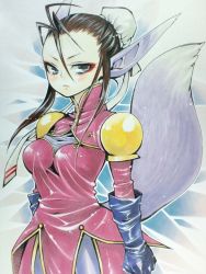 Rule 34 | 1girl, animal ears, ballpoint pen (medium), black eyes, black hair, breasts, breath of fire, breath of fire iv, bun cover, closed mouth, commentary request, dress, eyeshadow, gloves, kageura haiko, looking at viewer, makeup, marker (medium), medium hair, solo, tail, tight clothes, traditional media, ursula (breath of fire)