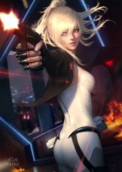 Rule 34 | 1girl, back, black gloves, black jacket, blonde hair, blue eyes, breasts, building, choker, city lights, commentary, cowboy shot, cropped jacket, finger on trigger, fingerless gloves, fingernails, fire, firing, from behind, gloves, gun, hair between eyes, hand up, handgun, holding, holding gun, holding weapon, indoors, jacket, laser sight, leotard, lips, long hair, looking back, looking to the side, medium breasts, muzzle flash, night, nose, open clothes, open jacket, original, pale skin, pistol, ponytail, raikoart, science fiction, sidelocks, signature, skyscraper, smile, smoke, smoking barrel, solo, spy, standing, tess turner, weapon, white choker, window