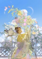 Rule 34 | 1girl, artist name, bad link, blue sky, brown hair, bug, butterfly, butterfly hair ornament, cloud, earrings, fence, flower, green eyes, hair flower, hair ornament, highres, illumi999, insect, japanese clothes, jewelry, kimono, leaf, lips, long sleeves, looking up, makeup, moon, original, patterned clothing, petals, signature, sky, smile, solo, standing, tree