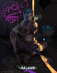 Rule 34 | 1girl, absurdres, arcane: league of legends, arcane jinx, arm tattoo, asymmetrical bangs, blue hair, boots, braid, copyright name, dated, explosive, gloves, highres, jinx (league of legends), league of legends, long hair, pants, rocket launcher, shoulder tattoo, striped clothes, striped pants, tattoo, torn clothes, twin braids, twintails, very long hair, weapon, weapons