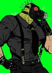 Rule 34 | 1boy, alternate costume, animal head, bara, caiman (dorohedoro), climaxmukr, collared shirt, cowboy shot, dorohedoro, formal, gas mask, green scales, large pectorals, male focus, mask, muscular, muscular male, necktie, pants, pectorals, profile, reptile boy, shirt, sideways glance, solo, suspenders