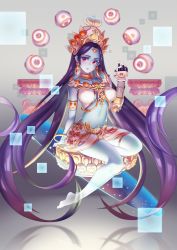 Rule 34 | 1girl, absurdly long hair, absurdres, anklet, arm at side, arm support, armlet, armor, barefoot, blue skin, bracelet, breasts, closed mouth, colored skin, earrings, eyelashes, fiodo, floating, floating object, flower, forehead jewel, full body, glint, goddess symmetra, gradient background, grey background, headgear, highres, jewelry, light particles, long hair, looking at viewer, mechanical hands, medium breasts, midriff, miniskirt, mudra, necklace, official alternate costume, orb, overwatch, overwatch 1, pauldrons, pink lips, purple hair, red eyes, shoulder armor, single mechanical hand, sitting, skirt, solo, space, square, stomach, symmetra (overwatch), thigh strap, transparent, very long hair