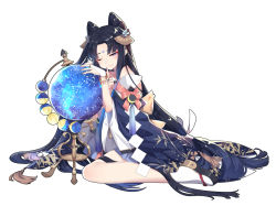 Rule 34 | 1girl, black hair, blue eyes, bracelet, constellation, crescent, facial mark, forehead mark, full body, globe, hair ornament, hairstyle request, ibex, japanese clothes, jewelry, long hair, makeup, original, parted bangs, sagittarius (constellation), shide, simple background, sitting, socks, taurus (constellation), very long hair, white background, white socks