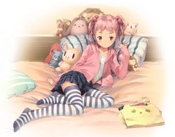 Rule 34 | 1girl, bag, bed, bed sheet, black thighhighs, blush, child, feet, hair bobbles, hair ornament, jacket, long sleeves, lying, multicolored clothes, multicolored legwear, no shoes, on bed, open clothes, open jacket, original, pillow, pink hair, pink jacket, plaid, plaid skirt, popobobo, purple eyes, short twintails, skirt, sleeves past wrists, solo, striped clothes, striped thighhighs, stuffed toy, thighhighs, twintails, white thighhighs, zettai ryouiki