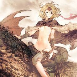 Rule 34 | 1girl, black eyes, blonde hair, boots, bottomless, breasts, cape, cloak, cristian penas, dagger, dragon, elf, fur trim, groin, knife, naked cloak, navel, original, pointy ears, riding, saddle, short hair, sketch, small breasts, solo focus, thigh boots, thighhighs, underboob, unfinished, weapon