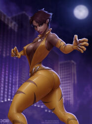 Rule 34 | 1girl, ass, bare shoulders, barretxiii, belt, blurry, blurry background, bodysuit, bone necklace, breasts, brown hair, building, cityscape, claws, cleavage, covered erect nipples, dark-skinned female, dark skin, dated, dc comics, depth of field, elbow gloves, full moon, gloves, highres, initial, jewelry, large breasts, looking at viewer, looking back, moon, necklace, night, outdoors, pantylines, patreon username, red eyes, short hair, skin tight, skyscraper, solo, striped clothes, tumblr username, vixen (dc), watermark, web address, yellow belt, yellow bodysuit, yellow gloves
