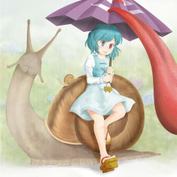 1girl blue_hair commentary_request dress female_focus flower geta heterochromia hydrangea karakasa_obake kisaragi_koushi rain red_eyes short_hair skirt smile snail solo tatara_kogasa tongue tongue_out touhou umbrella vest