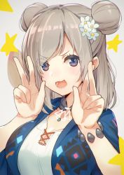 Rule 34 | 1girl, blue eyes, blue jacket, breasts, brown hair, cleavage, collarbone, double bun, double w, dress, eyes visible through hair, final fantasy, final fantasy xiv, fingernails, flower, grey background, hair bun, hair flower, hair ornament, hands up, haruken, hyur, jacket, large breasts, long hair, open clothes, open jacket, simple background, solo, star (symbol), w, warrior of light (ff14), white dress, white flower